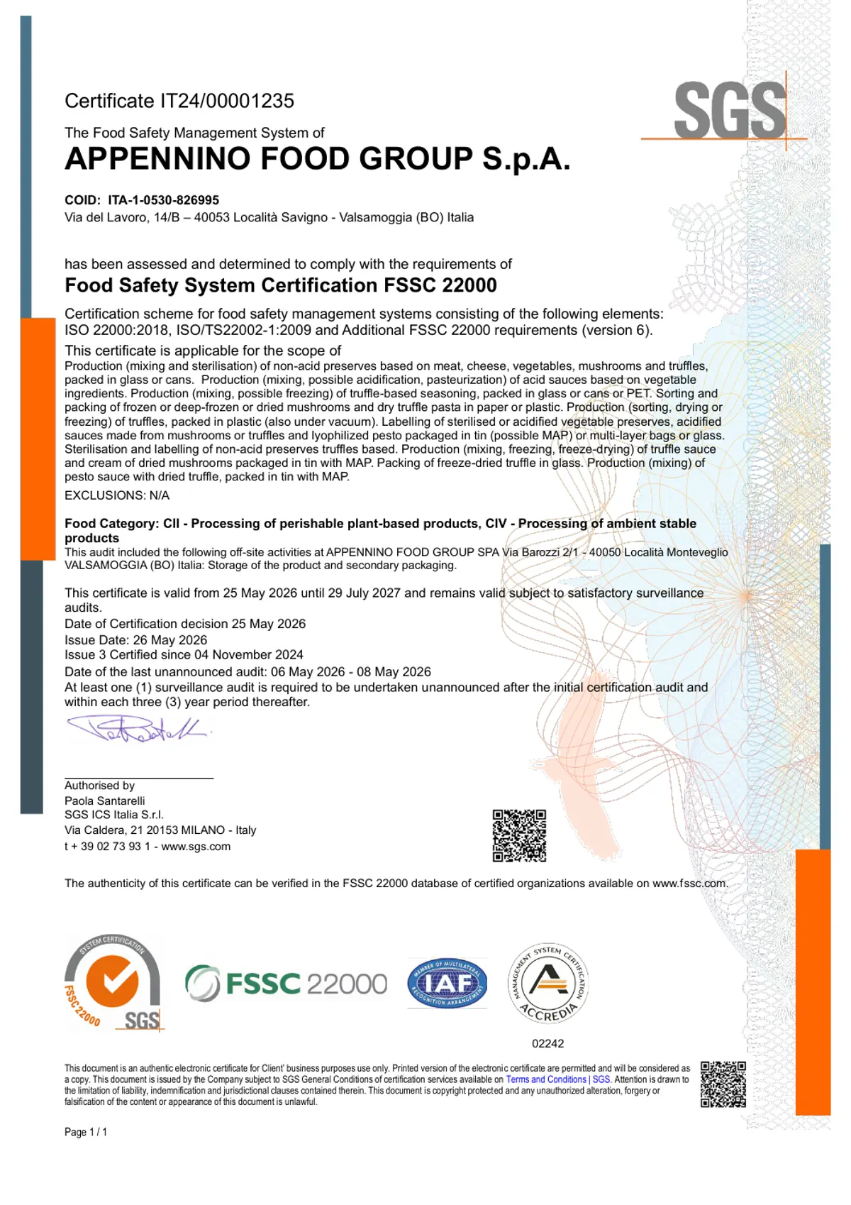 Appennino Food Group FSSC 22000 食品安全体系证书