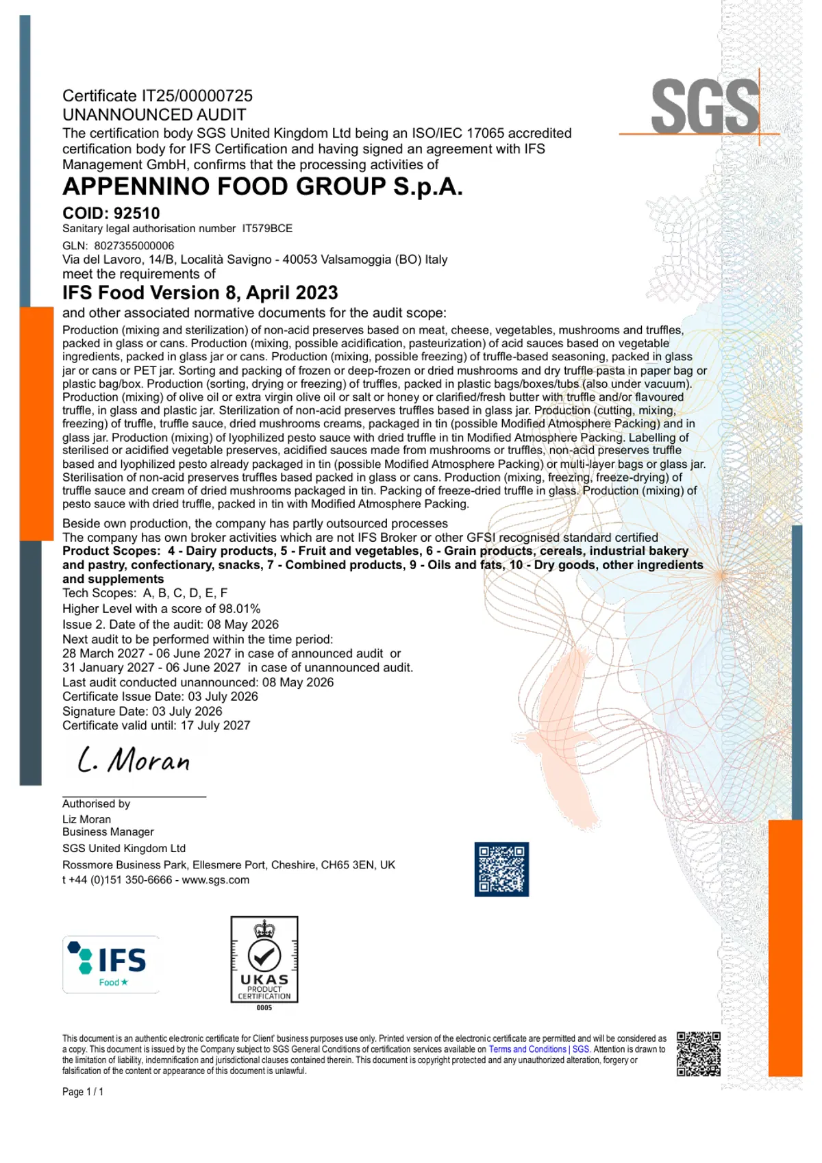 Appennino Food Group IFS Food 证书